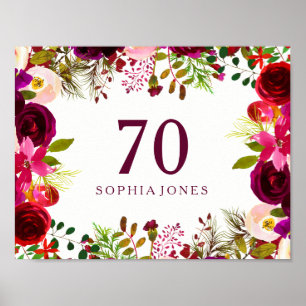 Póster Burgundy Red Floral Boho Rótulo 70 cumpleaños
