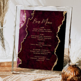 Póster Burgundy Red Gold Agate Script Wedding Bar Menu 