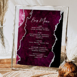 Póster Burgundy Red Silver Agate Script Wedding Bar Menu 