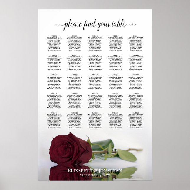 Póster Burgundy Rose 25 Table Wedding Seating Chart (Frente)