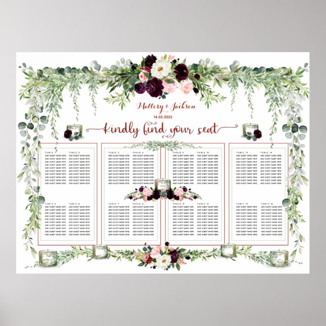 Póster Burgundy Rubor Greenery Garland 160 Asientos para  (Frente)