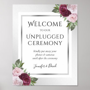 Póster Burgundy Silver Unplugged Wedding Ceremony Sign