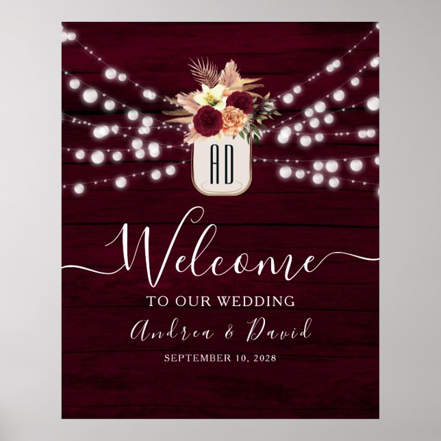 Póster Burgundy String ilumina a Boda Poster de bienvenid (Frente)
