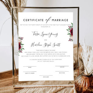 Póster Burgundy Wedding Certificate Of Marriage Poster