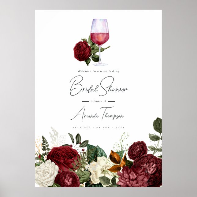 Póster Burgundy & White Floral Wine Tasting Bridal Shower (Frente)