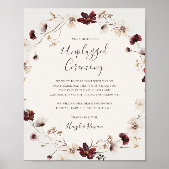 Póster Burgundy Wildflower Beige Unplugged Ceremony Sign (Frente)