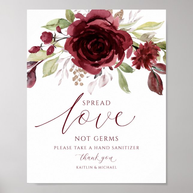 Póster Burgundy Wine Wedding Spread Love Not Germs Sign (Frente)