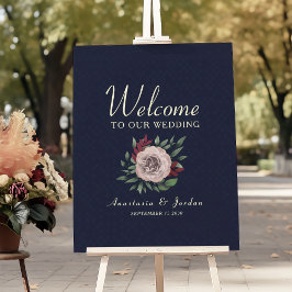 Póster Burgundy y Azul Marino Bienvenida Floral de Boda