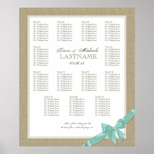 Póster Burlap and Bow Wedding Seating Chart (Frente)