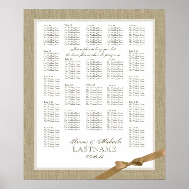 Póster Burlap and Tan Bow Wedding Seating Chart (Frente)