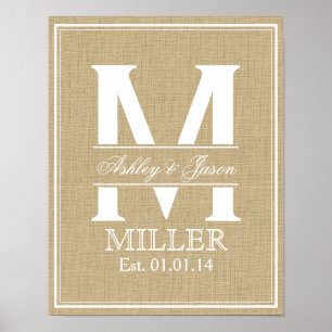 Póster Burlap y Monograma de Boda blanco y imitación de b