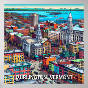 Póster Burlington, Vermont Comic Book Style Art