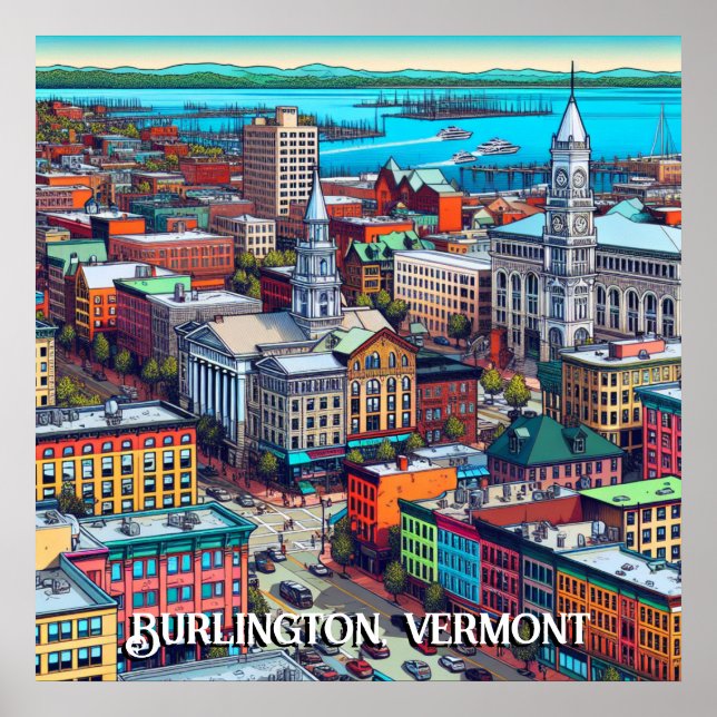 Póster Burlington, Vermont Comic Book Style Art (Frente)