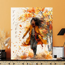 Póster Burnt Orange Golden Autumn Leaves Black Woman Fall