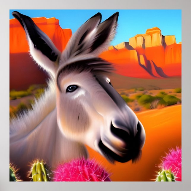 Póster Burro lindo con cactus floridos (Frente)