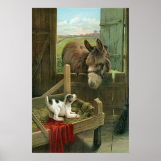 Póster Burro vintage y perro pimienta en el viejo patio d