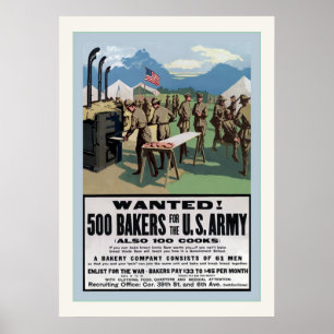 Póster ¡Buscado! ~ 500 panaderos ~ Vieja Primera Guerra M