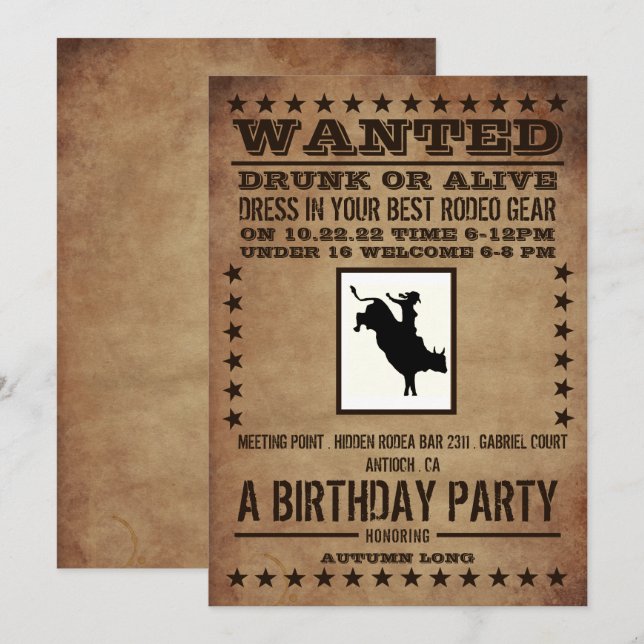 Poster buscado, clásica invitación de cumpleaños o (Anverso / Reverso)