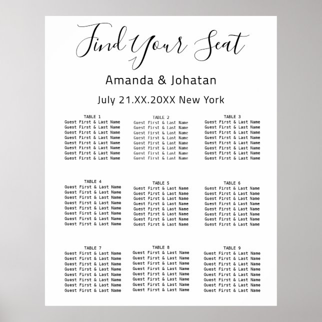 Póster Buscar su asiento gráfico Boda Bridal White (Frente)