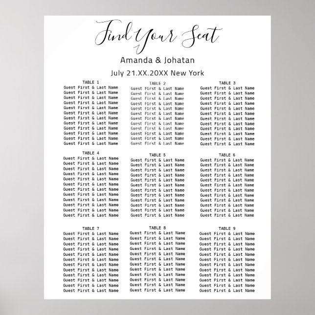 Póster Buscar su asiento gráfico Boda Bridal White (Frente)