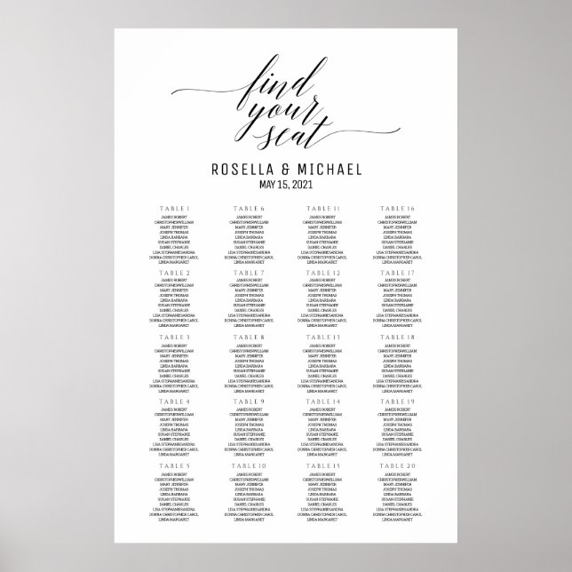 Póster Buscar su asiento - Tabla de asientos Boda (Frente)