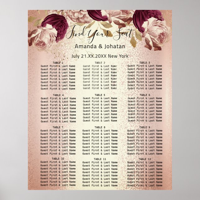 Póster Buscar su Rosa de eventos de Boda de la tabla de a (Frente)