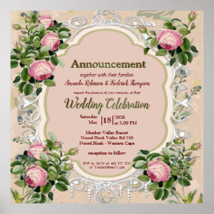Póster Bush Garden Green Soft Roses rosados