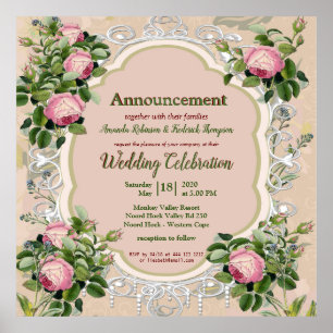 Póster Bush Garden Green Soft Roses rosados