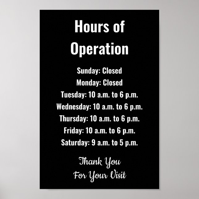 Póster Business Hours of Operation Black & White Template (Frente)