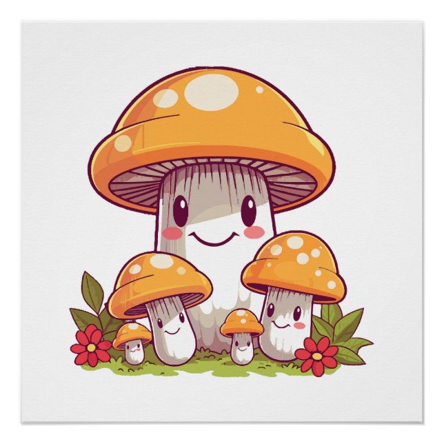 Póster Búsqueda de champiñones, estilo kawaii feliz (Anverso)