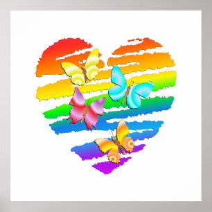Póster Butterflies and Rainbow Heart