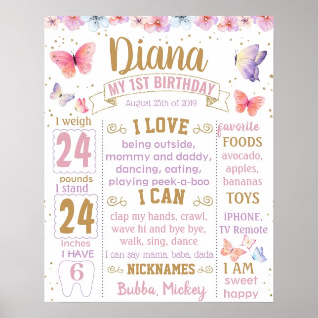 Póster Butterflies Butterfly First Birthday sign board (Frente)