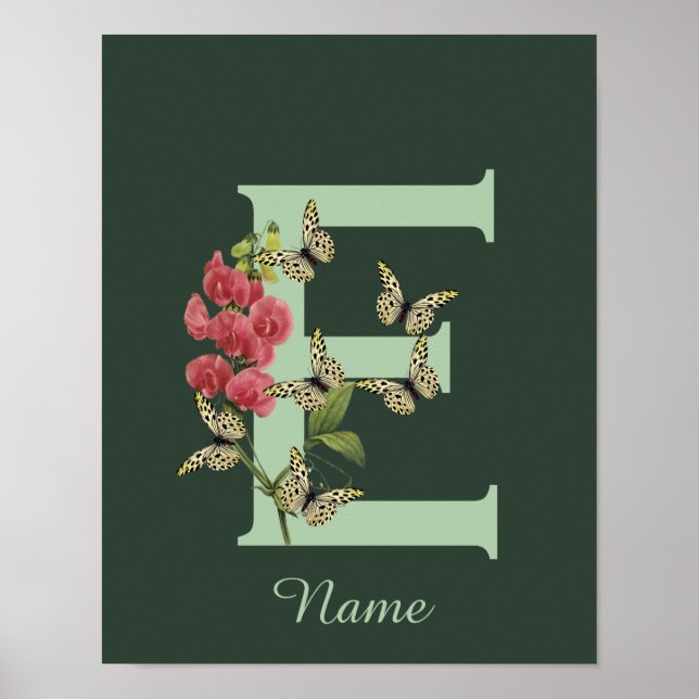 Póster Butterflies Flower Monogram Initial E Personalized (Frente)