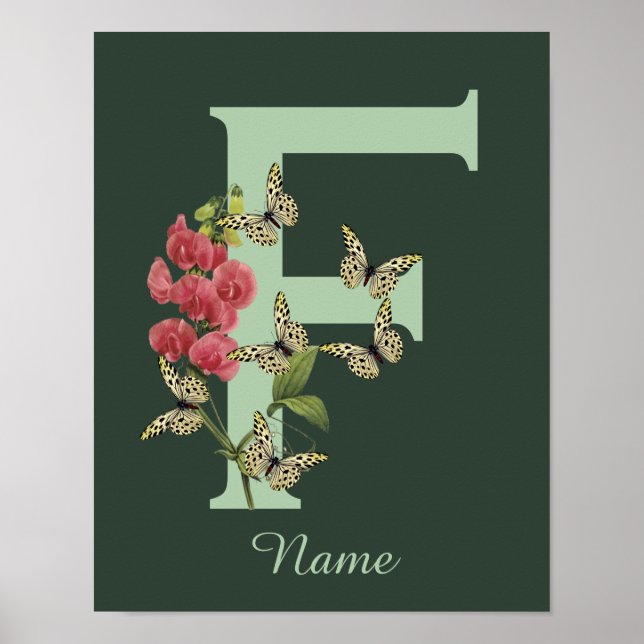 Póster Butterflies Flower Monogram Initial F Personalized (Frente)