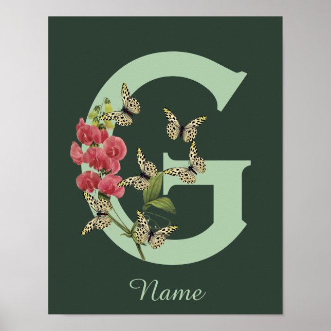 Póster Butterflies Flower Monogram Initial G Personalized (Frente)