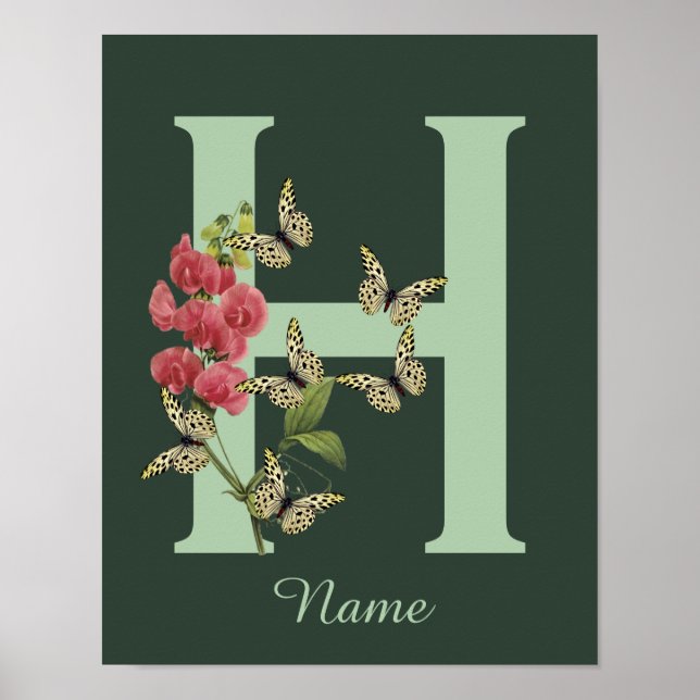 Póster Butterflies Flower Monogram Initial H Personalized (Frente)