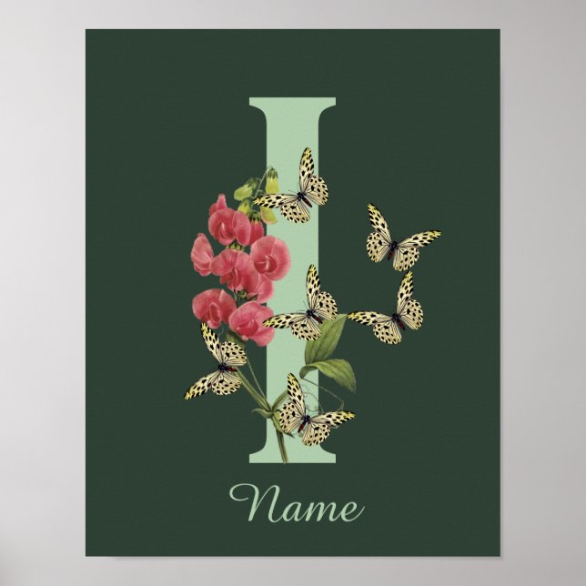 Póster Butterflies Flower Monogram Initial I Personalized (Frente)