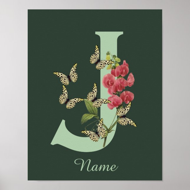 Póster Butterflies Flower Monogram Initial J Personalized (Frente)