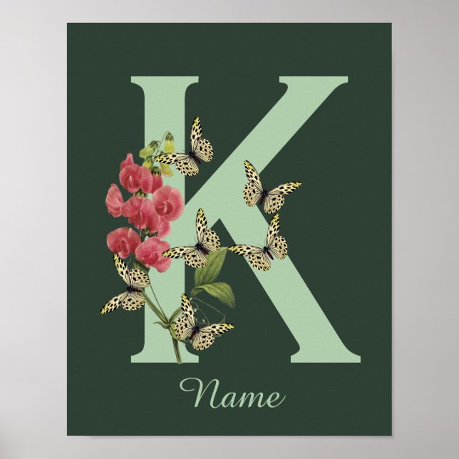 Póster Butterflies Flower Monogram Initial K Personalized (Frente)