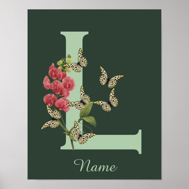 Póster Butterflies Flower Monogram Initial L Personalized (Frente)