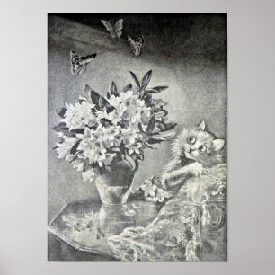 Póster Butterflies, Flower vase, Cat, Louis Wain
