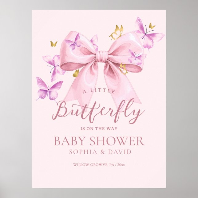 Póster Butterfly Pink Bow Baby Shower Welcome Sign (Frente)