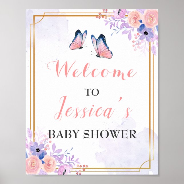Póster Butterfly Purple Pink Girl Baby Shower Welcome (Frente)