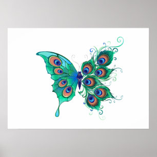 Póster Butterfly with Green Peacock Feathers