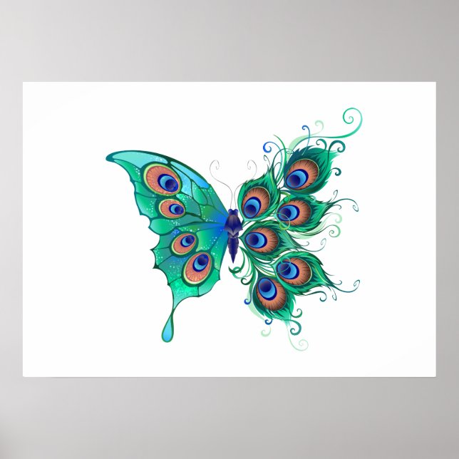 Póster Butterfly with Green Peacock Feathers (Frente)