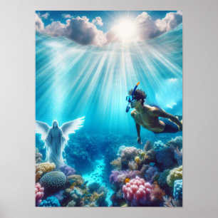 Póster buzo encuentra un ángel en el arrecife