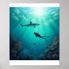 Póster buzo se encuentra con un tiburón