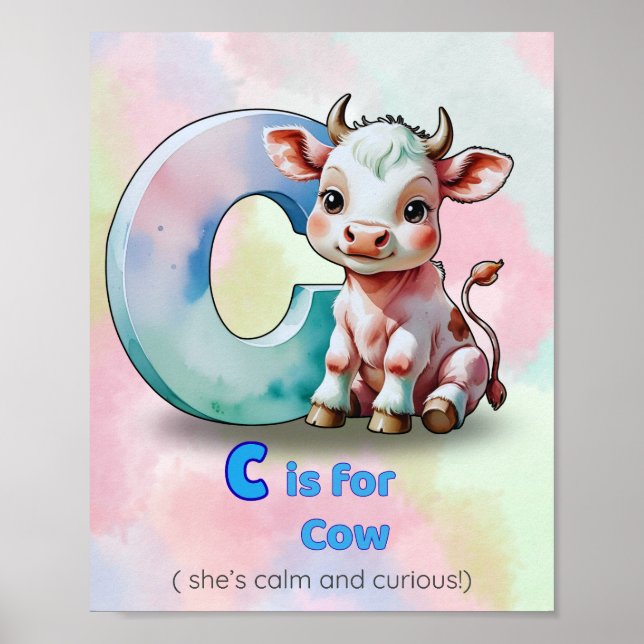 Póster C es para Vaca – Alfabeto Animal Tranquilo y Curio (Frente)