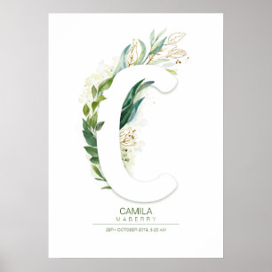 Póster C Letra monograma Moda de follaje verde oro