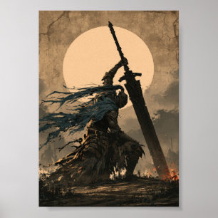 Póster Caballero Arrodillado de Fantasía Oscura con Espad